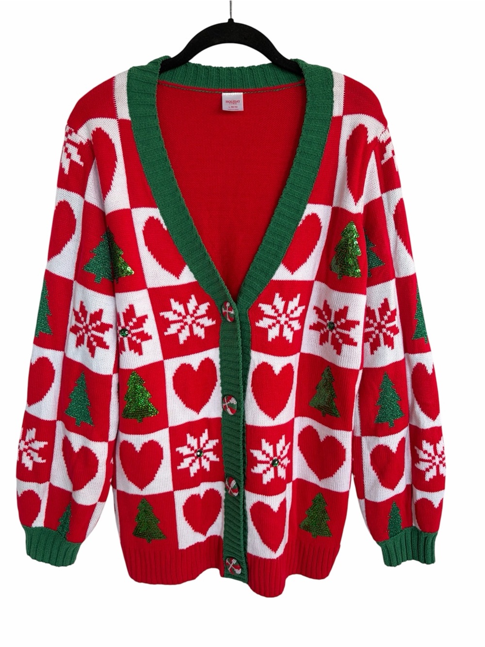 Holiday Time Womens Size 12-14 Ugly Christmas Cardigan Red Green White Oversize